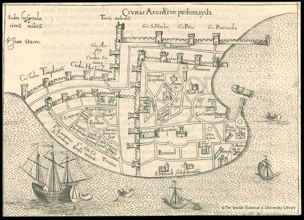 Map of Acre, Petrus Vesconte, Civitas Acon Sive Ptolomayda, 17th century (after an original from 1320), NLI